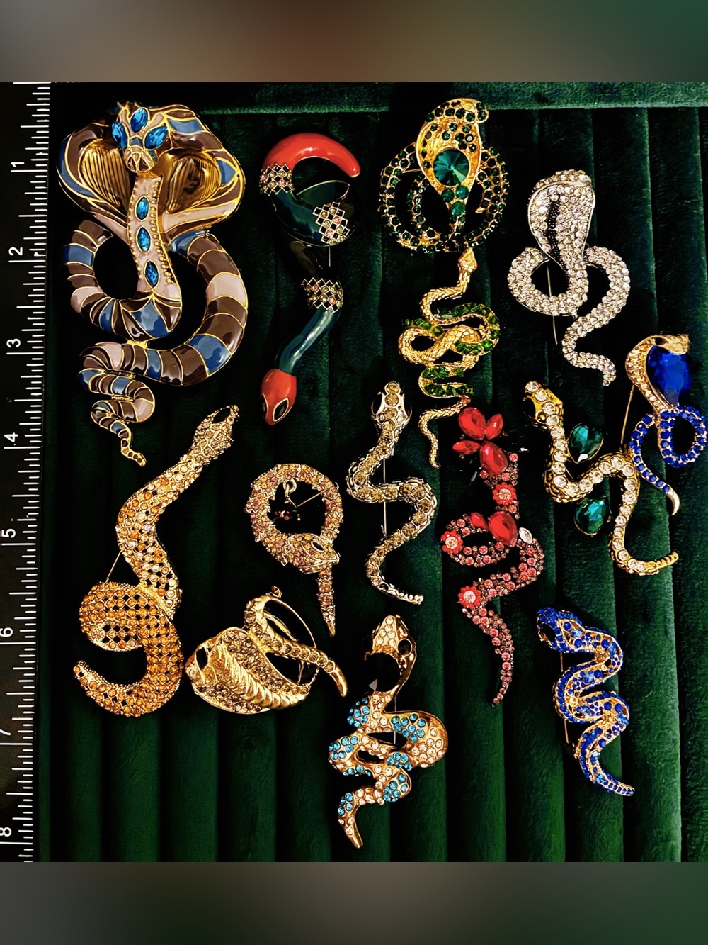 Lot of 14 Snake Brooch Pins Rhinestone Enamel Cobra Serpent Assorted Jewelry